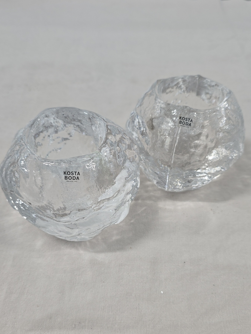 Pair Kosta Boda Clear Textured Glass Votive Holders